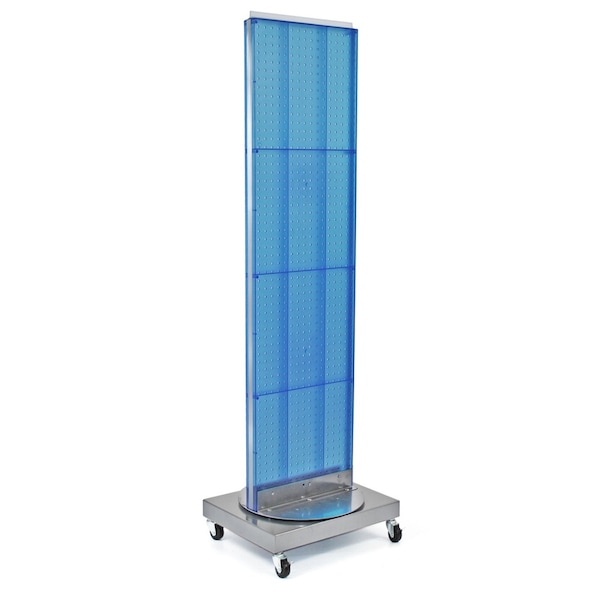 Two-Sided Pegboard Floor Display on Revolving Wheeled Base. Spinner Rack Stand.